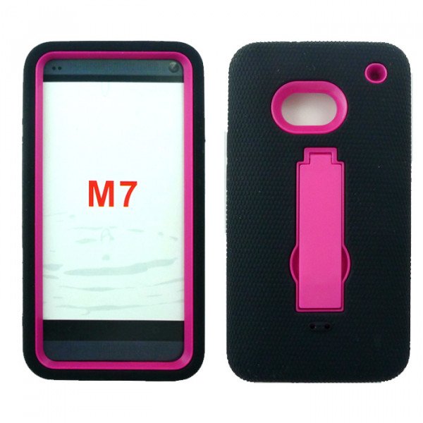 Wholesale HTC One / M7 Armor Hybrid with Kickstand (Black-Hot Pink)